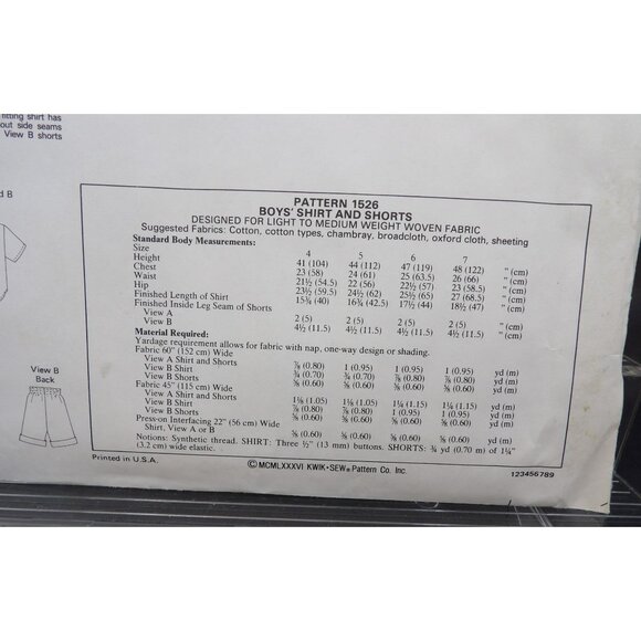 Kwik Sew Pattern #1526, Boys Shirt & Shorts, Sizes 4-5-6-7, @1986, Vintage, Open - Picture 2 of 2